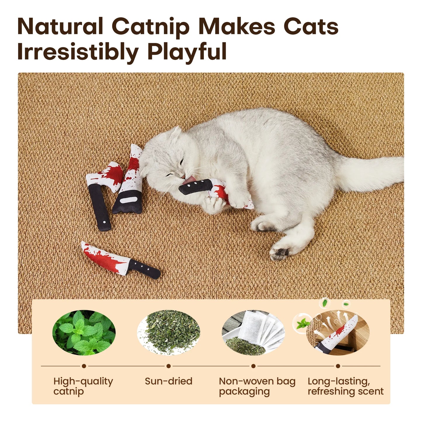 Potaroma 4Pcs Cat Toys, Horror Halloween Knife-Shaped Kitten Crinkly Sound Toys, Indoor Exercise for All Cat Breeds 6.5 Inches