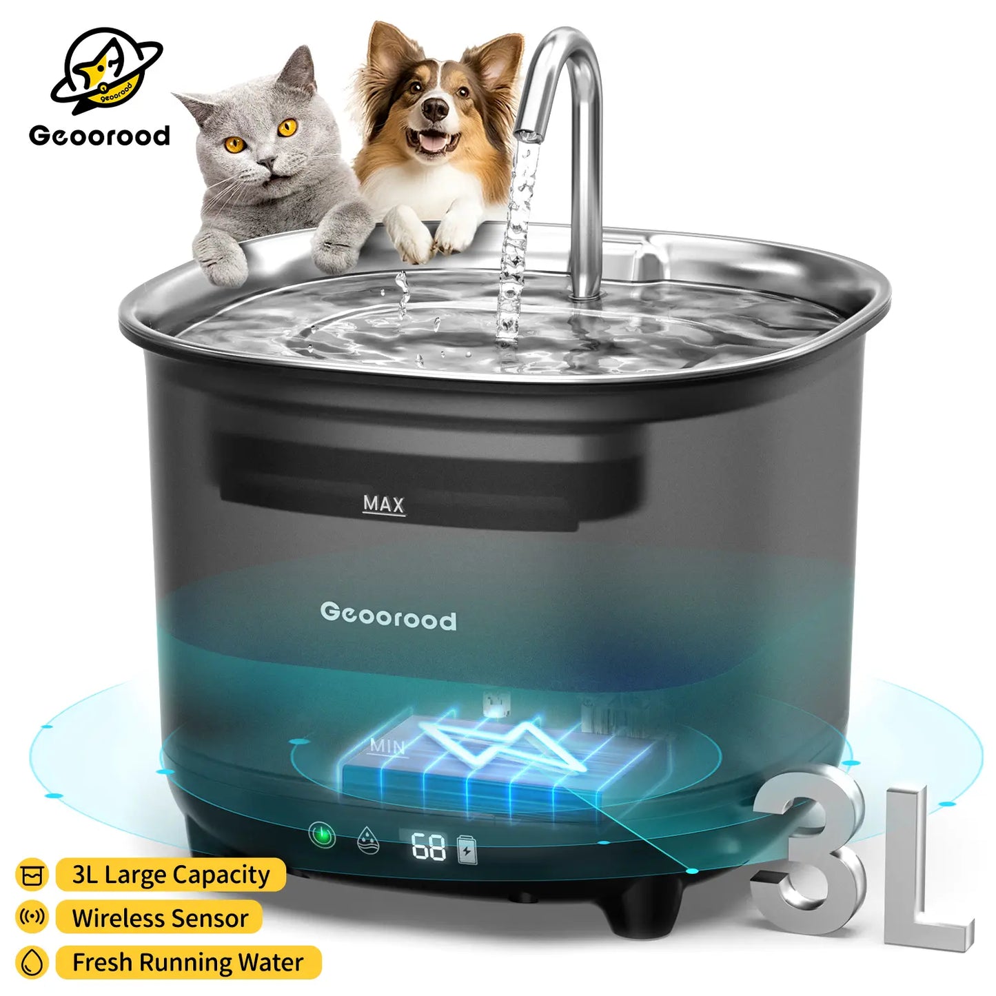 Geoorood Cat Water Fountain Cordless, 101Oz/3L Wireless Pet Water Fountain for Indoor Cats, Battery-Operated Cat Drinking Fountain with Motion Sensor, Ultra-Quiet Pump, Bpa-Free