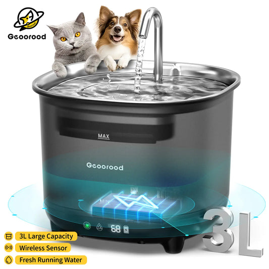 Geoorood Cat Water Fountain Cordless, 101Oz/3L Wireless Pet Water Fountain for Indoor Cats, Battery-Operated Cat Drinking Fountain with Motion Sensor, Ultra-Quiet Pump, Bpa-Free