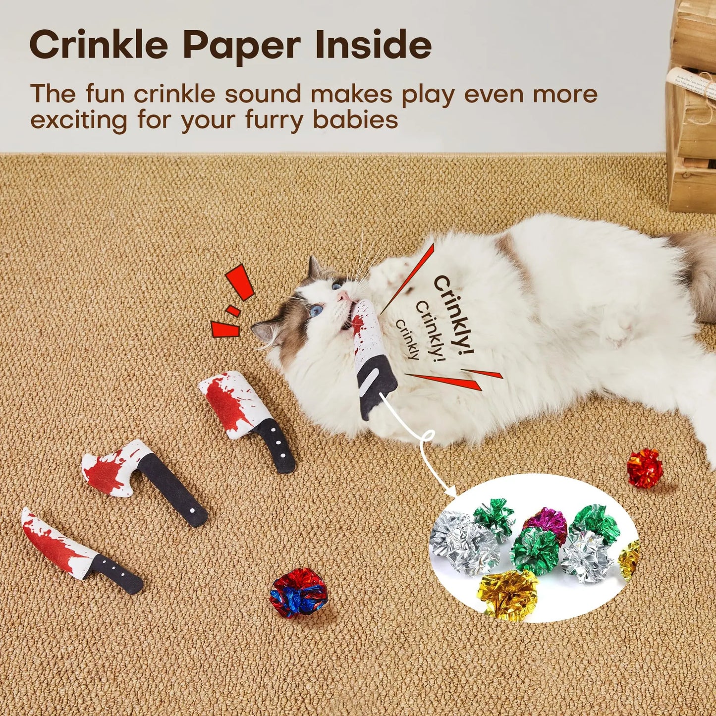 Potaroma 4Pcs Cat Toys, Horror Halloween Knife-Shaped Kitten Crinkly Sound Toys, Indoor Exercise for All Cat Breeds 6.5 Inches