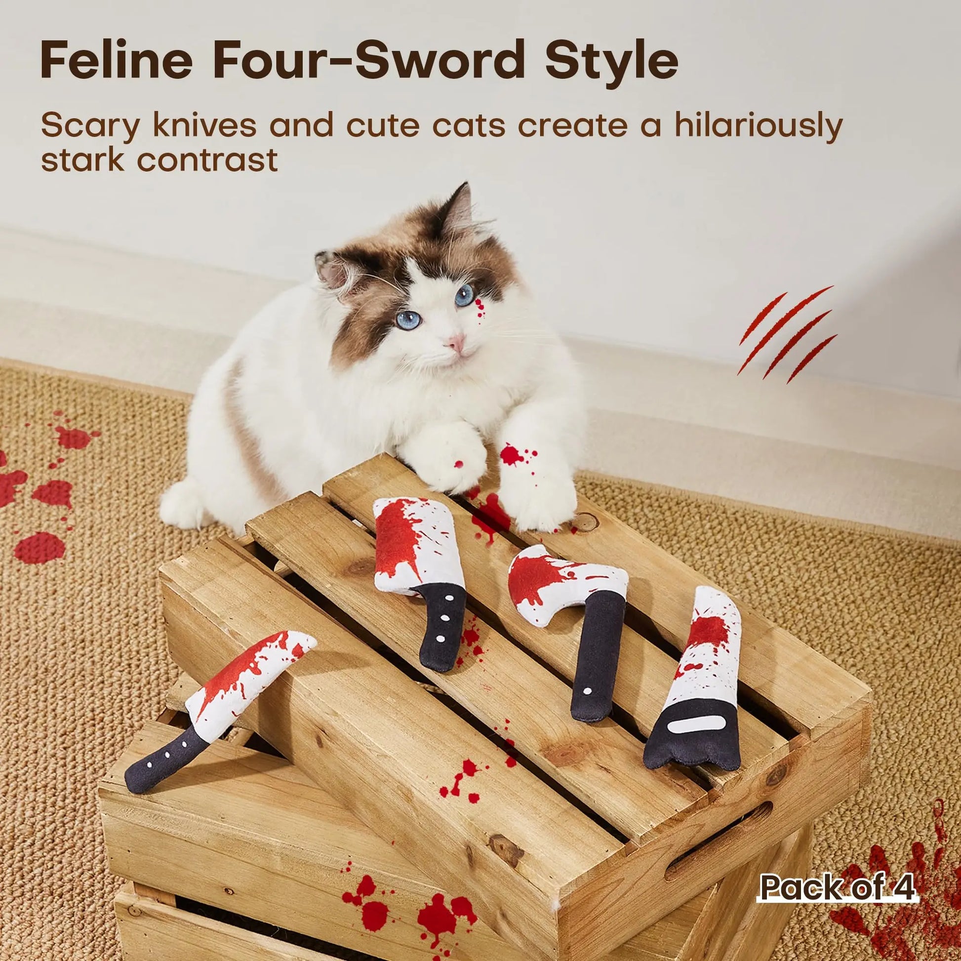 Potaroma 4Pcs Cat Toys, Horror Halloween Knife-Shaped Kitten Crinkly Sound Toys, Indoor Exercise for All Cat Breeds 6.5 Inches