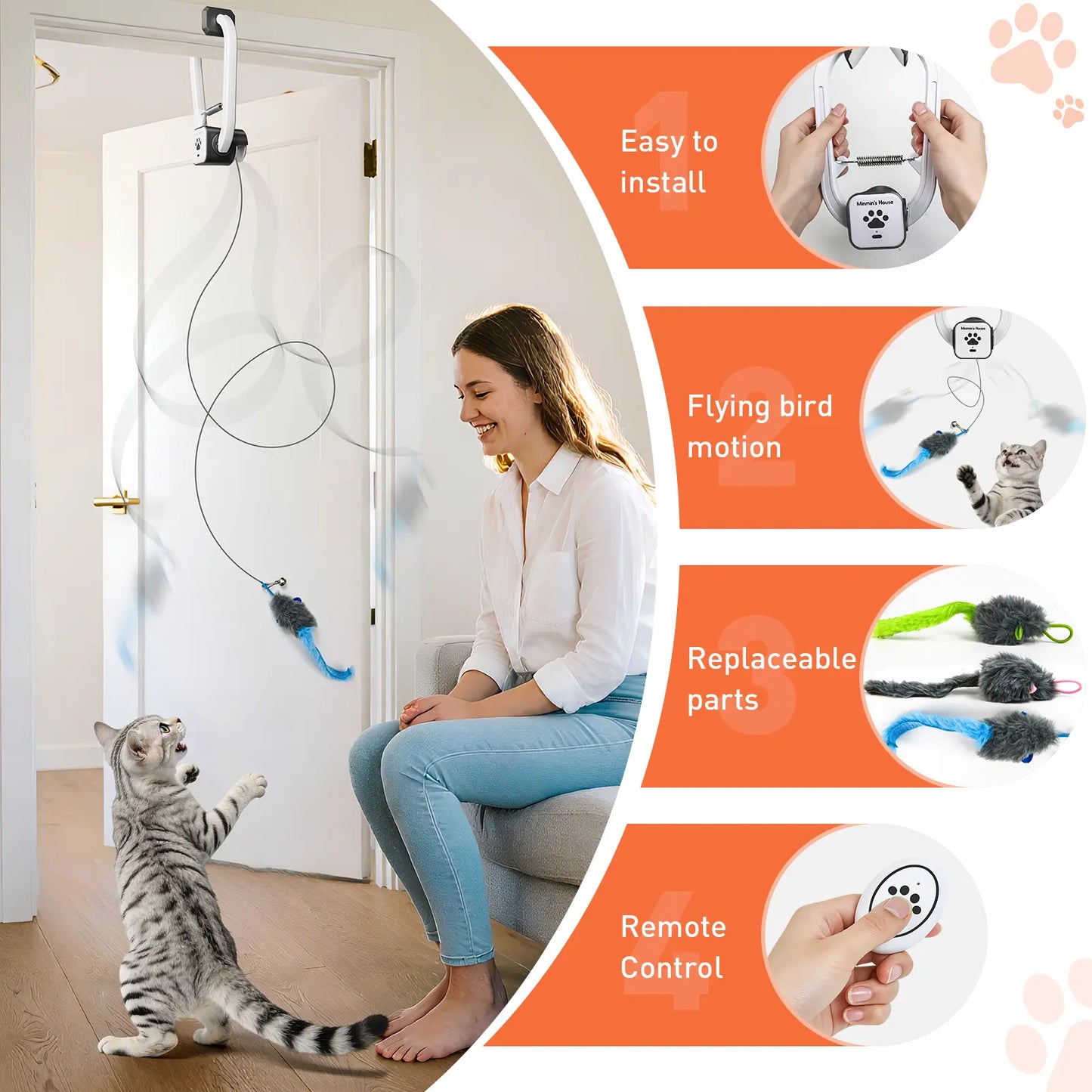 Minmin'S House Rechargeable Electric Cat Teaser with Remote – Interactive Door Clip Teaser for Cats, 2 Motion Modes (360° Spin & Irregular Jumping), Smart Auto Cat Toy for Exercise & Fun Tiktokshopspringglowup