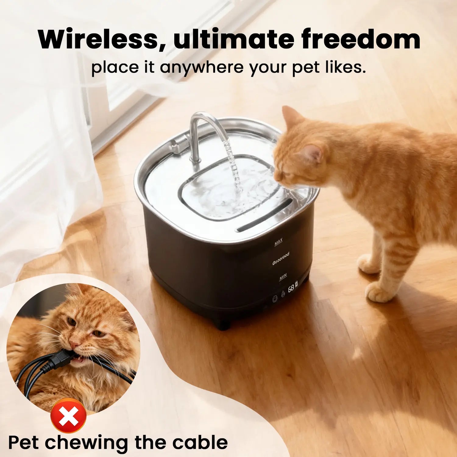Geoorood Cat Water Fountain Cordless, 101Oz/3L Wireless Pet Water Fountain for Indoor Cats, Battery-Operated Cat Drinking Fountain with Motion Sensor, Ultra-Quiet Pump, Bpa-Free